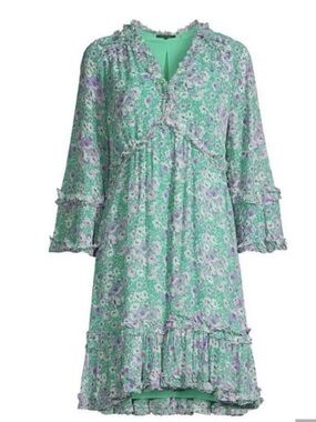 Kobi Halperin Everly Floral Ruffled Dress | Green Boho Mini | Size M